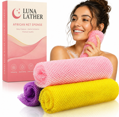 African Net Bath Sponge — 3-Pack Exfoliating Body Scrubber (Pink, Yellow, Purple)