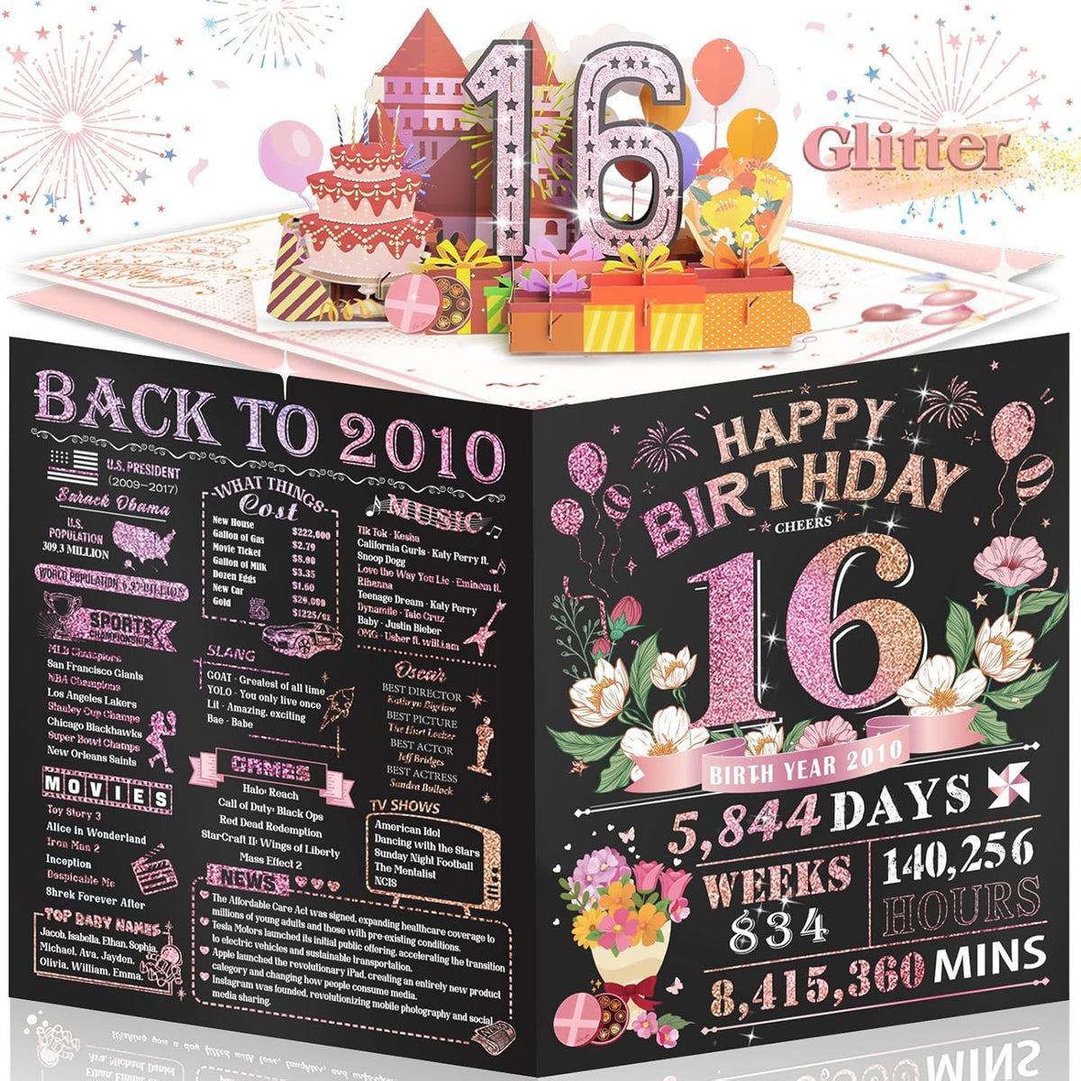 16th Birthday Card for Her — Large 3D Pop-Up Card for Women & Teen Girls